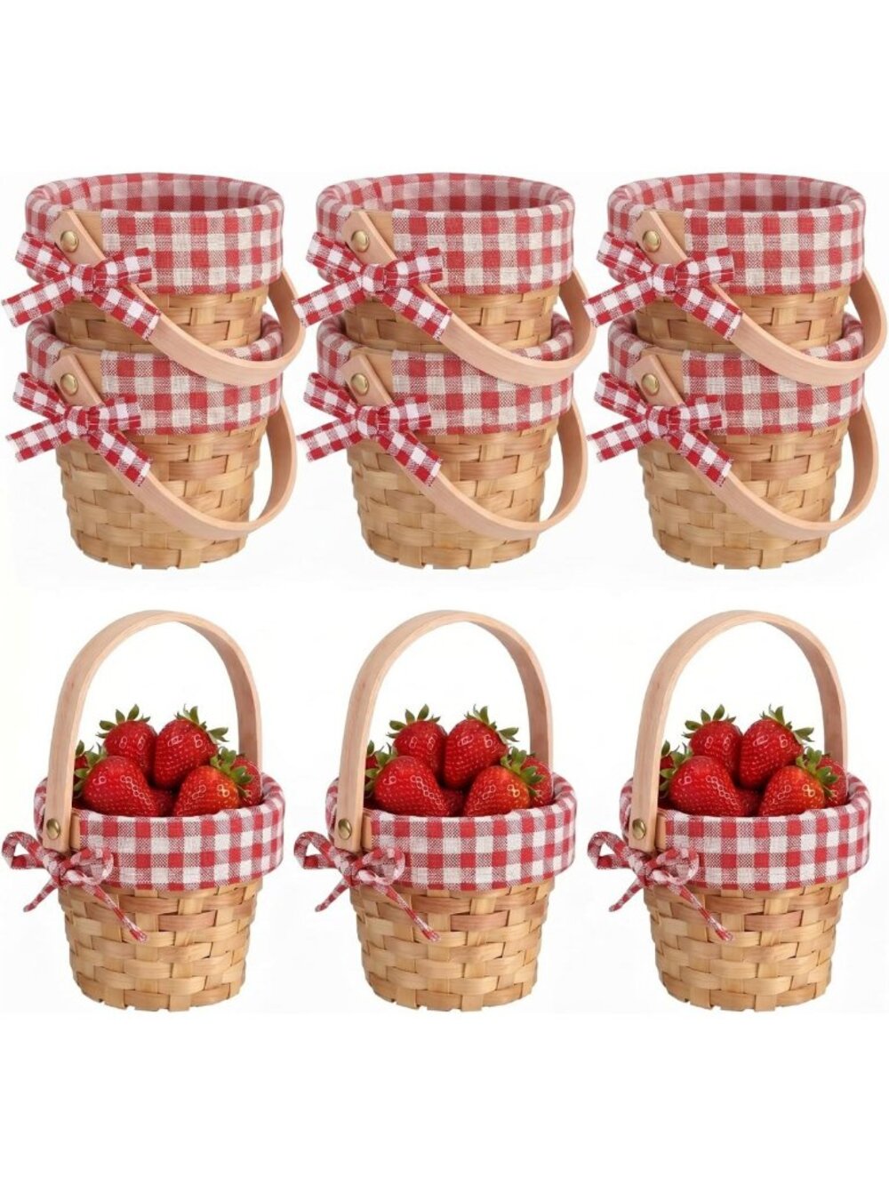 Set of 6 Mini Wooden Baskets with Handles - Red Plaid Decorative Storage Bins